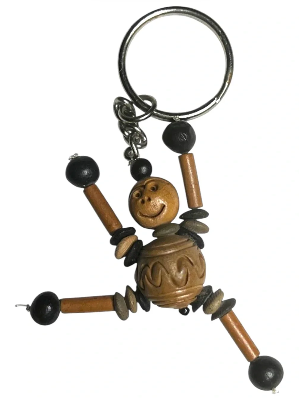 Vintage Articulated Wooden Smiley Figure Keychain - Brown and Black